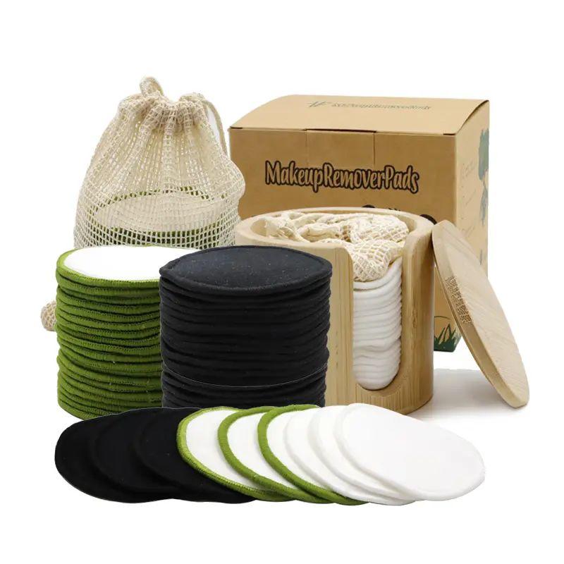 Removedor de maquiagem redondo de bambu-algodão com embalagem de fita tecida e caixa redonda de bambu